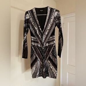 Express Black and Silver Sequin Long Sleeve Dress